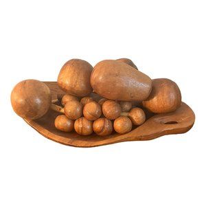Vintage Monkey Pod Wooden Bowl With Fruit 7 Pieces 11" X 5"